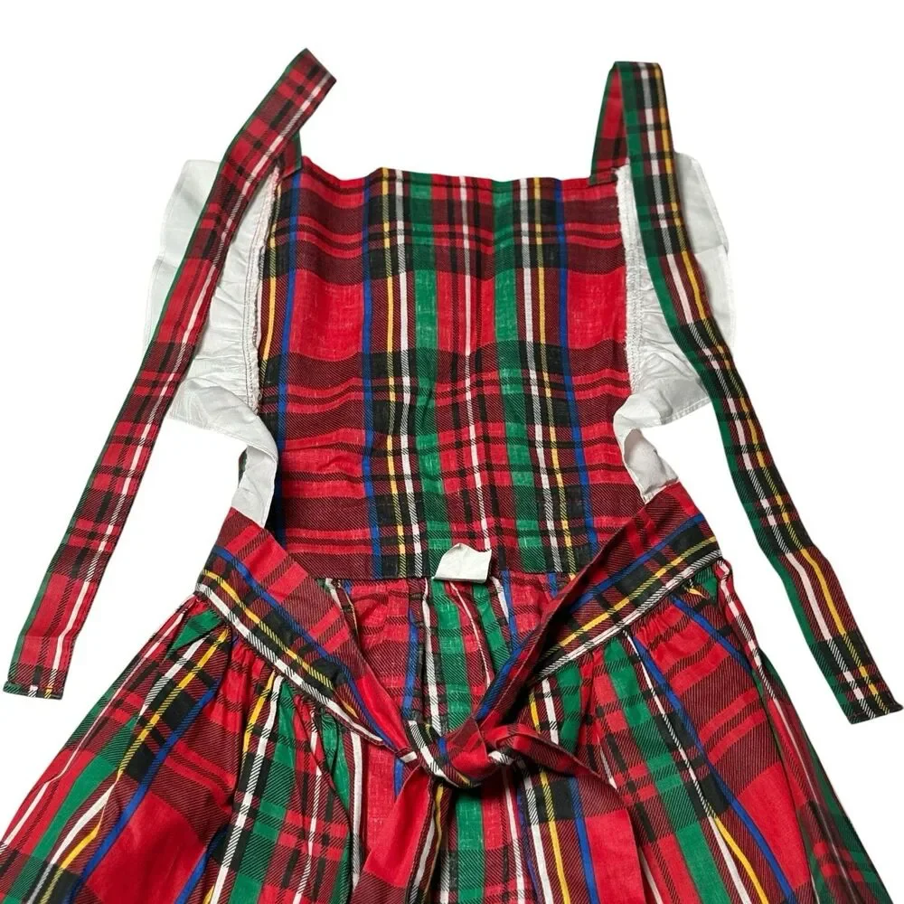 Vintage Christmas Plaid Hostess Apron Red Green Silver Ruffle Full Skirt Retro